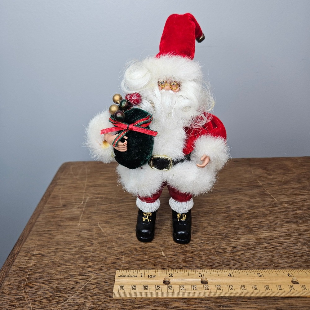Santa Claus Figurine Porcelin Face Red Velvet‎ Suit Fur Trim Jingle Bell 7" Vtg